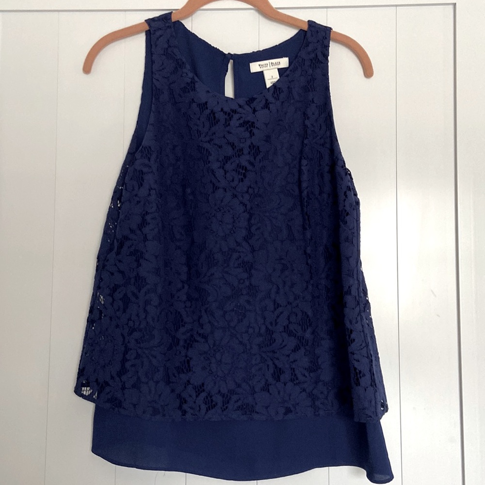 WHBM Sleeveless Navy Blue Lace Overlay Top - Size Small